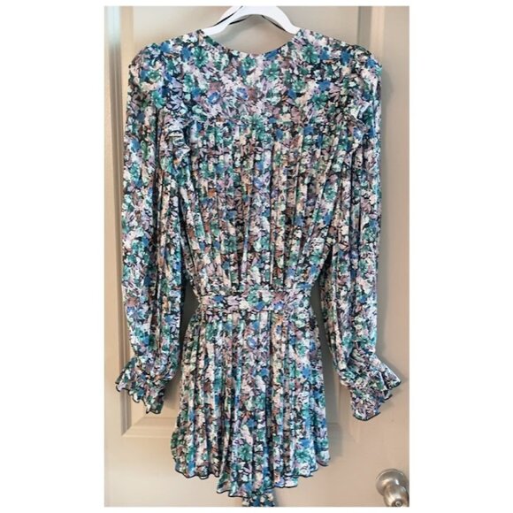 Ruffle Pleated Lined Floral Romper with Belt - Picture 2 of 12